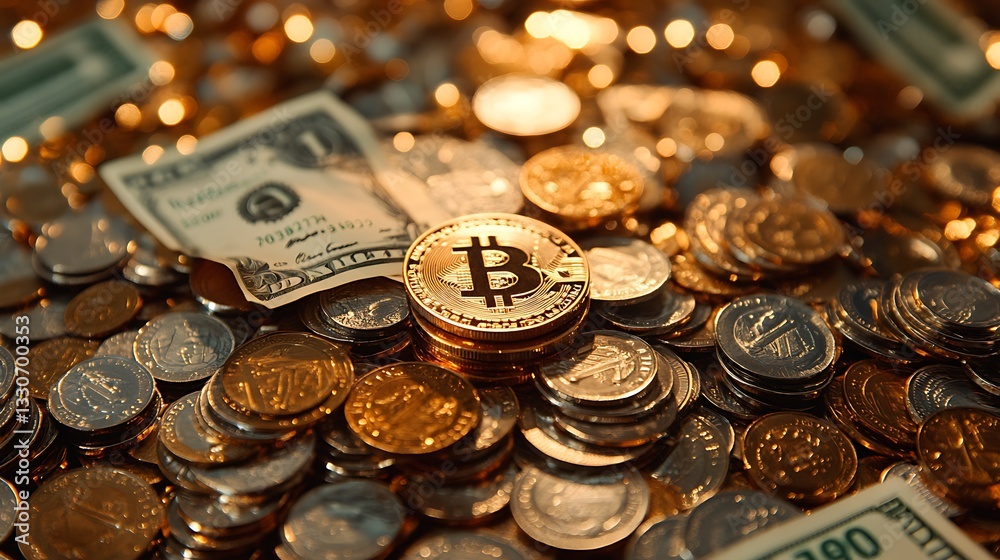 Assorted Coins and Dollar Bills with Gold Glitter, A pile of assorted coins and dollar bills scattered on a surface, surrounded by glittering gold particles Assorted Coins and Dollar Bills with Gold Glitter, A pile of assorted coins and dollar bills scattered on a surface, surrounded by glittering gold particles