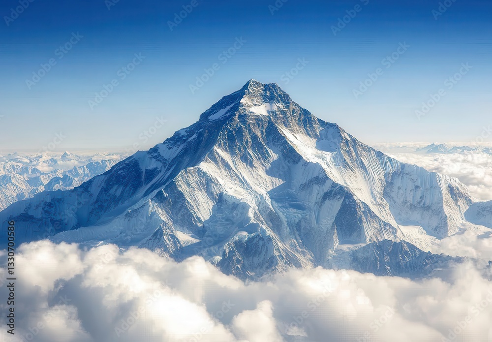 Obraz premium Majestic Snow-Capped Mountain Peak Towering Above Fluffy White Clouds in a Clear Blue Sky During Bright Sunny Day in the Himalayas Region