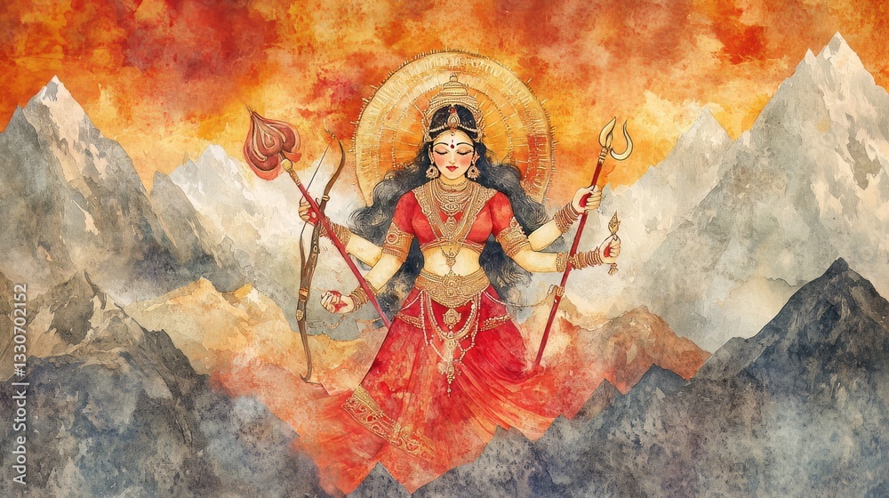 Naklejka premium Weather Powerful Watercolor Scene Goddess Intense Vijayadashami