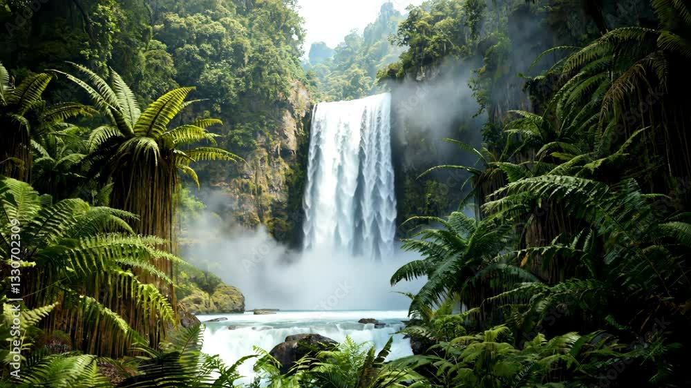 Majestic waterfall plunges into a turquoise pool surrounded by lush green jungle foliage Majestic waterfall plunges into a turquoise pool surrounded by lush green jungle foliage
