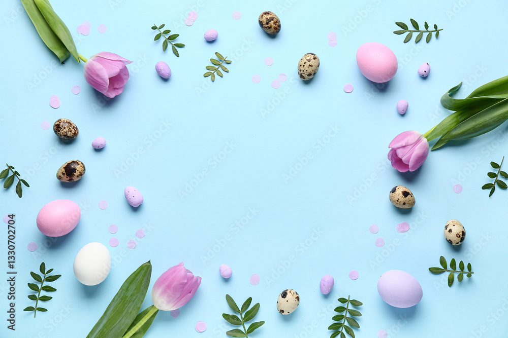 Obraz premium Frame made of Easter eggs, green leaves and flowers on blue background