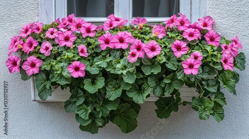 Pink flowers overflowing from a window box