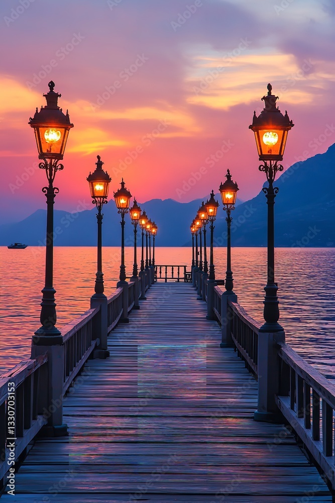 Fototapeta premium Scenic sunset view of a wooden pier with street lamps, sea, and mountains in the background