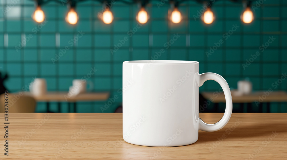 White Ceramic Coffee Mug on Light Wood Table in a Cozy Cafe Setting with Teal Tile Backsplash White Ceramic Coffee Mug on Light Wood Table in a Cozy Cafe Setting with Teal Tile Backsplash