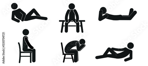 a set of pictographs of human figures, a stick, a man lying, sitting on a chair, sitting on a bench, isolated on a white background
