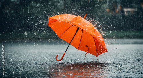 Blue umbrella under heavy rain splash