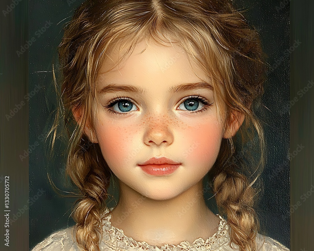 Fototapeta premium Girl portrait for braided hair, soft light, dark backdrop.