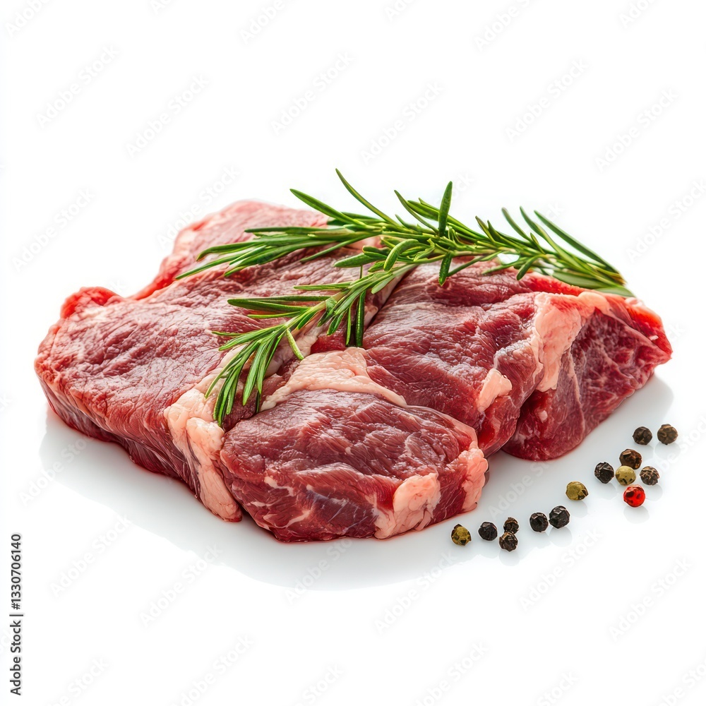 Raw beef steaks, rosemary, peppercorns, white background; food photography (1) Raw beef steaks, rosemary, peppercorns, white background; food photography (1)