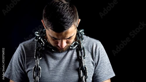 Young man with a chain around his neck, looking down, dark background, captive concept