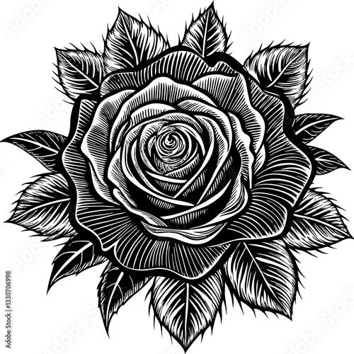 a beautiful black and white rose with intricately detailed petals and leaves, a timeless illustration that captures beauty
