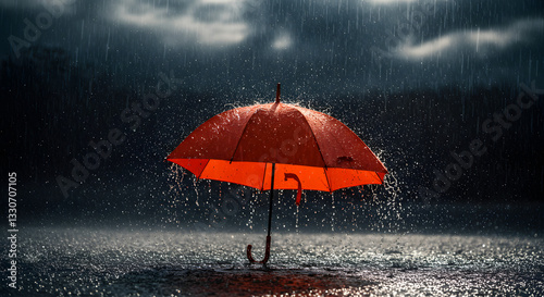 Blue umbrella under heavy rain splash