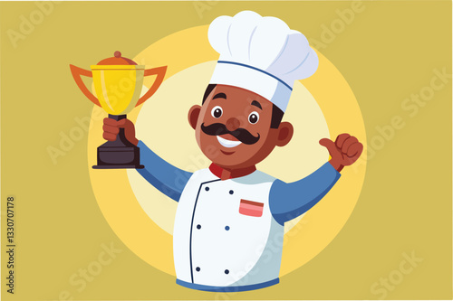 Chef proudly holding a trophy in a bright kitchen background with a cheerful vibe and colorful decorations