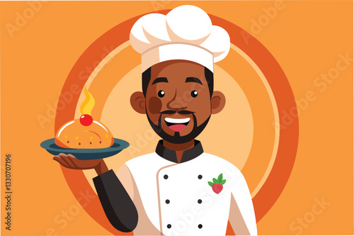 Chef proudly holding a trophy in a bright kitchen background with a cheerful vibe and colorful decorations