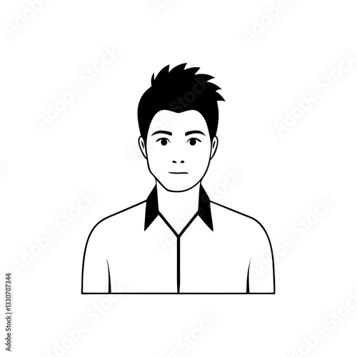 a minimalist illustration of a man, focused on the upper body, features sharp black hair, a collared shirt, and a neutral expression vector illustration