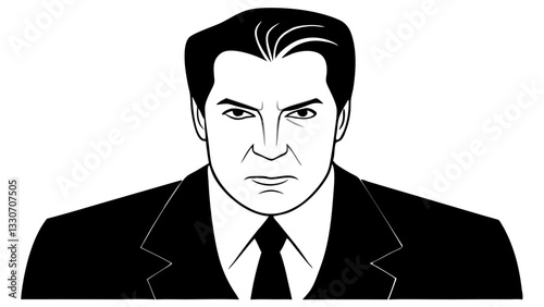 a serious man wearing a suit, staring intently at the camera. The image is a simple black and white line drawing, and it captures a sense of intensity and focus