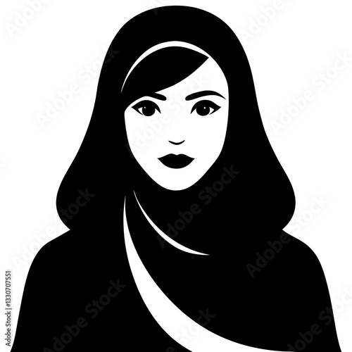 a portrait of a woman in hijab, with a modest expression. Her face is centered, with eyes fixed forward and dressed in cultural garments vector illustration