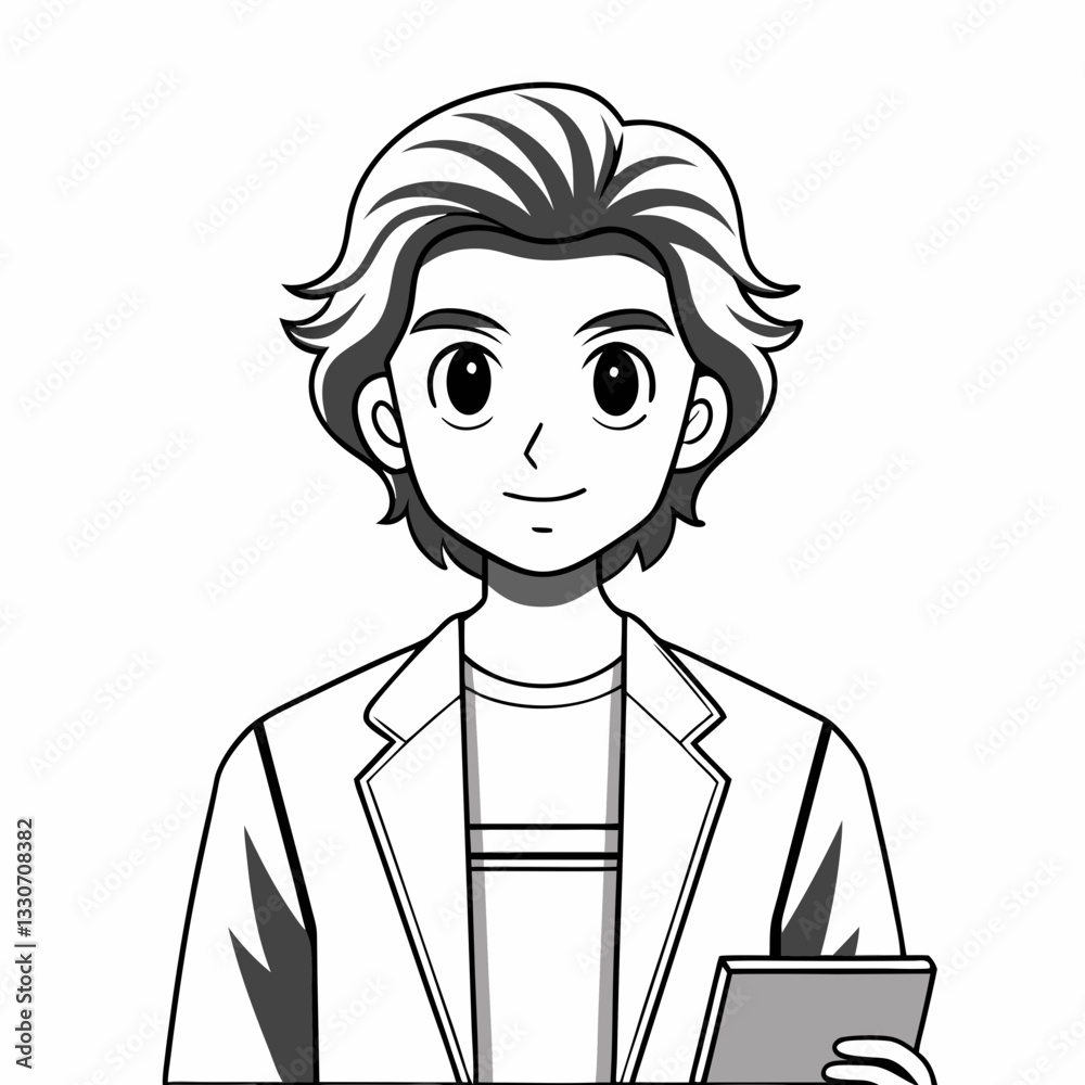 a young man in a blazer holding a tablet, rendered in a clean black and white style vector illustration a young man in a blazer holding a tablet, rendered in a clean black and white style vector illustration