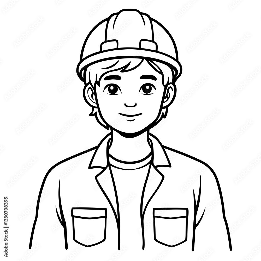 a line art illustration of a construction worker wearing a safety helmet, smiling. The worker is depicted with friendly features and a professional appearance. a line art illustration of a construction worker wearing a safety helmet, smiling. The worker is depicted with friendly features and a professional appearance.