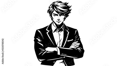 a professional business man standing with his arms crossed. He is wearing a suit and looking directly at the viewer. vector illustration