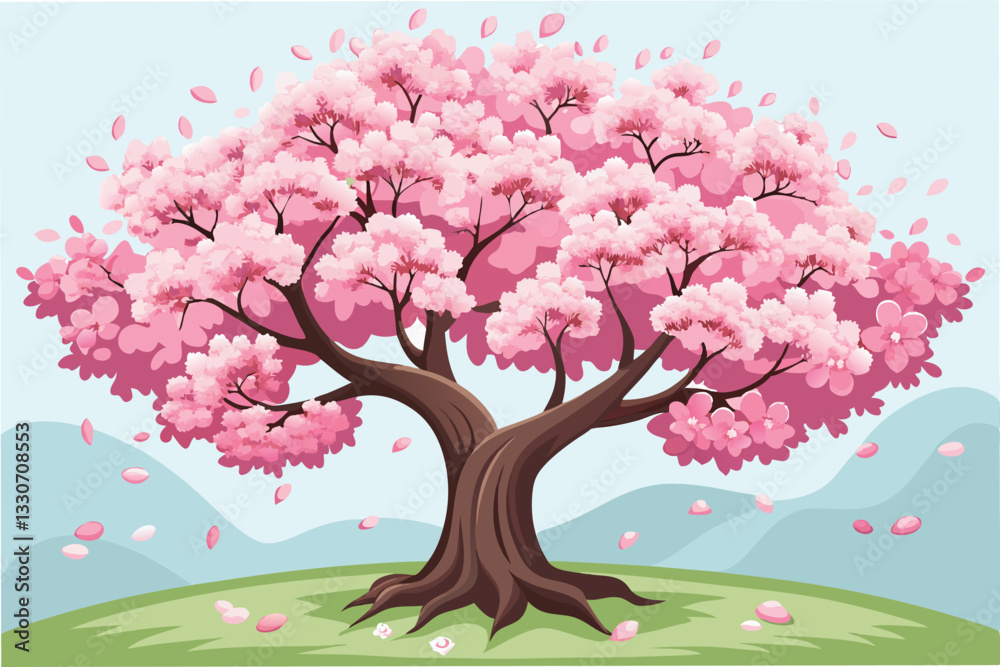 Obraz premium Blooming cherry blossom tree in a serene landscape with petals falling and a clear sky in a vibrant spring setting