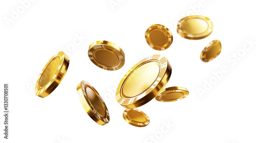 Golden Casino Chips Falling Winning Jackpot Fortune, Isolated on Transparent Background