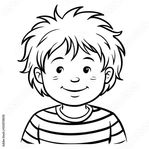 a cheerful illustration of a young boy with spiky hair, wearing a striped shirt, and a happy smile on his face