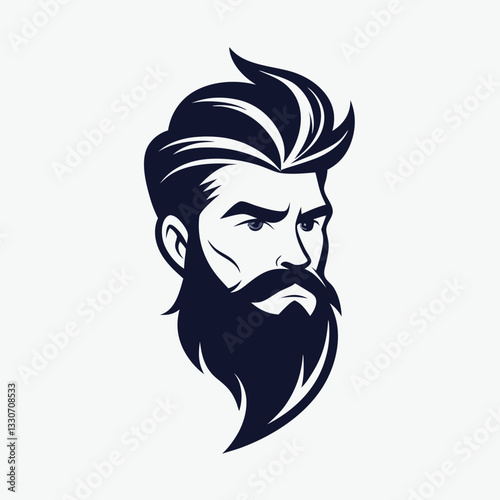 Illustration logo of a stylized bearded man with detailed hair and confident expression in a minimalist vector design