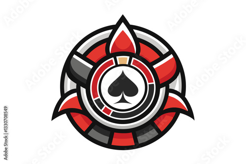 Vector illustration logo of a stylized poker chip with a shield and spade symbol surrounded by geometric patterns in warm colors