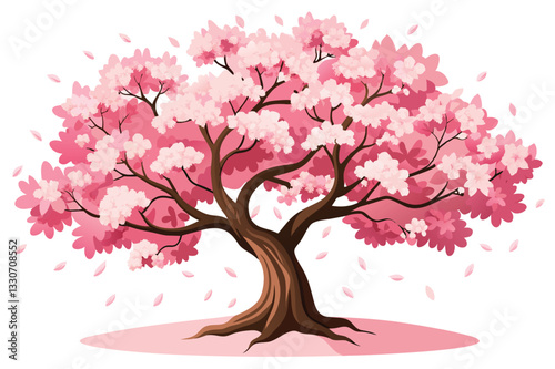 Blooming cherry blossom tree in a serene landscape with petals falling and a clear sky in a vibrant spring setting