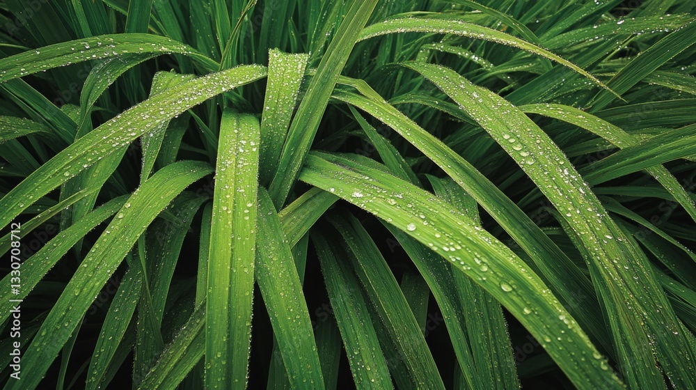 Fototapeta premium Lush Green Leaves Covered In Dew Drops