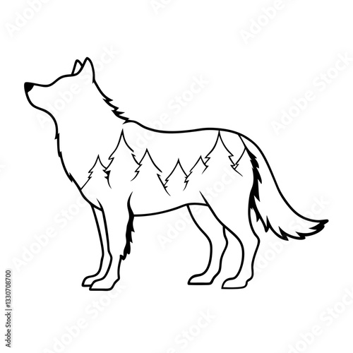 a stylized black and white wolf illustration featuring a mountain and forest landscape inside its silhouette. The wolf stands proudly against a plain background.
