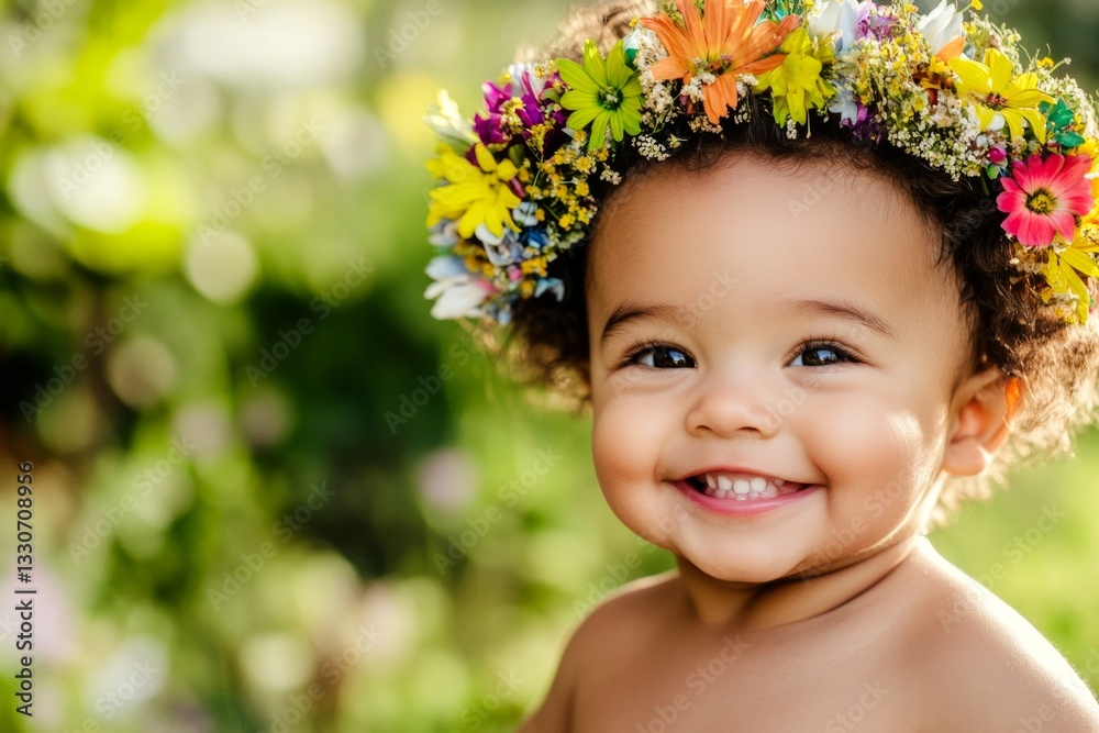 Soft daylight. Happy vacation time holidays idea art. Smiling brazilian infant boy with tt hair wearing multi-colored flower crown on his head. Holiday excitement for kids. Summer joy for kids. Soft daylight. Happy vacation time holidays idea art. Smiling brazilian infant boy with tt hair wearing multi-colored flower crown on his head. Holiday excitement for kids. Summer joy for kids.