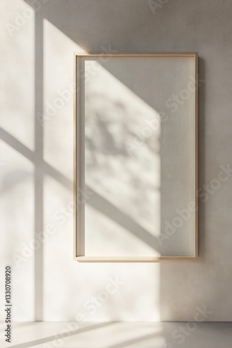 Empty wooden frame, sunlit wall, shadows, interior design mockup