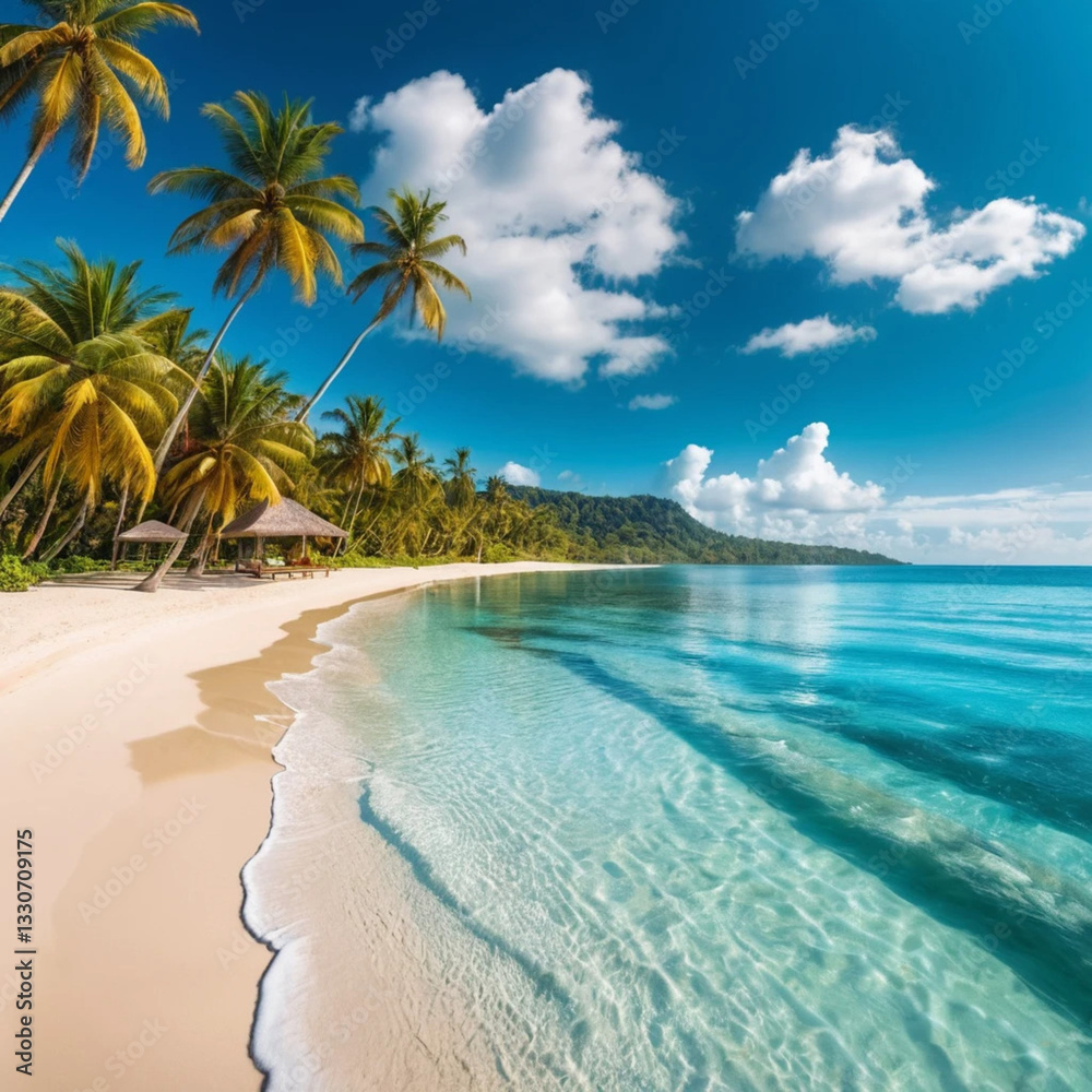 Fototapeta premium Amazing beach landscape, super wide panoramic exotic travel background. Luxury travel, idyllic couple honeymoon love destination. Sunny sea sand sky, exotic resort coast. Palm lagoon, seascape banner
