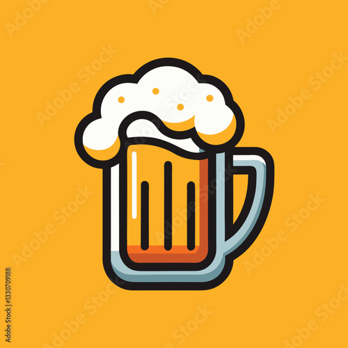 Festive vector illustration logo of a frothy beer mug on a bold orange background ideal for celebration themes, bar promotions, or brewing events