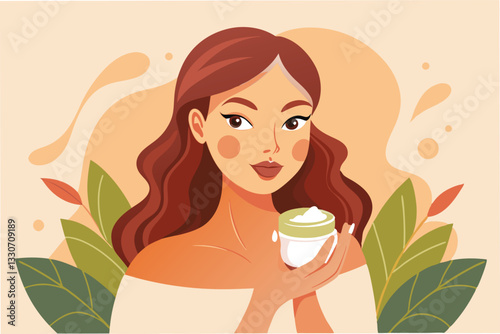 Beautiful woman with blue hair enjoying a skincare cream in a serene and artistic setting filled with soft colors and gentle patterns