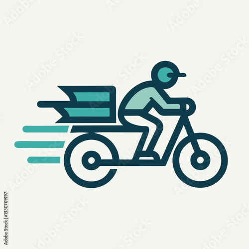 Vector illustration logo of a delivery rider on a bike speeding through a cityscape during the day, showcasing movement and efficiency
