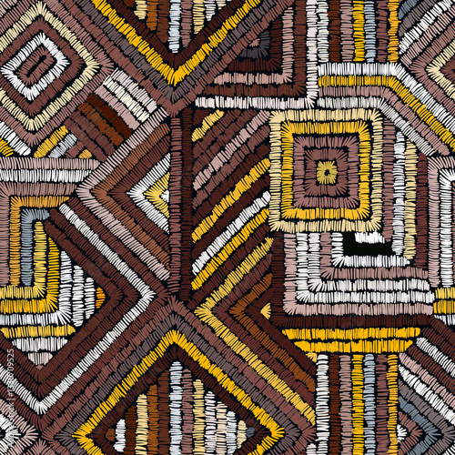 Earthy embroidered patchwork pattern. Seamless, handmade-inspired design with stitched geometric shapes in earthy tones. Perfect for fabric, prints, & more.