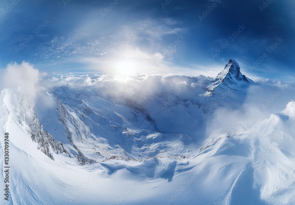 Majestic snow-covered mountain peak under a bright blue sky with fluffy white clouds and sunlight illuminating the serene winter landscape Majestic snow-covered mountain peak under a bright blue sky with fluffy white clouds and sunlight illuminating the serene winter landscape