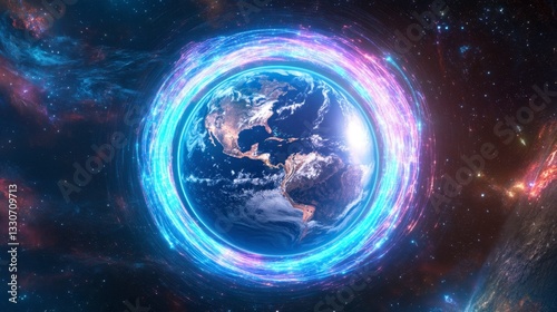 Stunning Cosmic View of Earth Surrounded by Vibrant Energy Rings