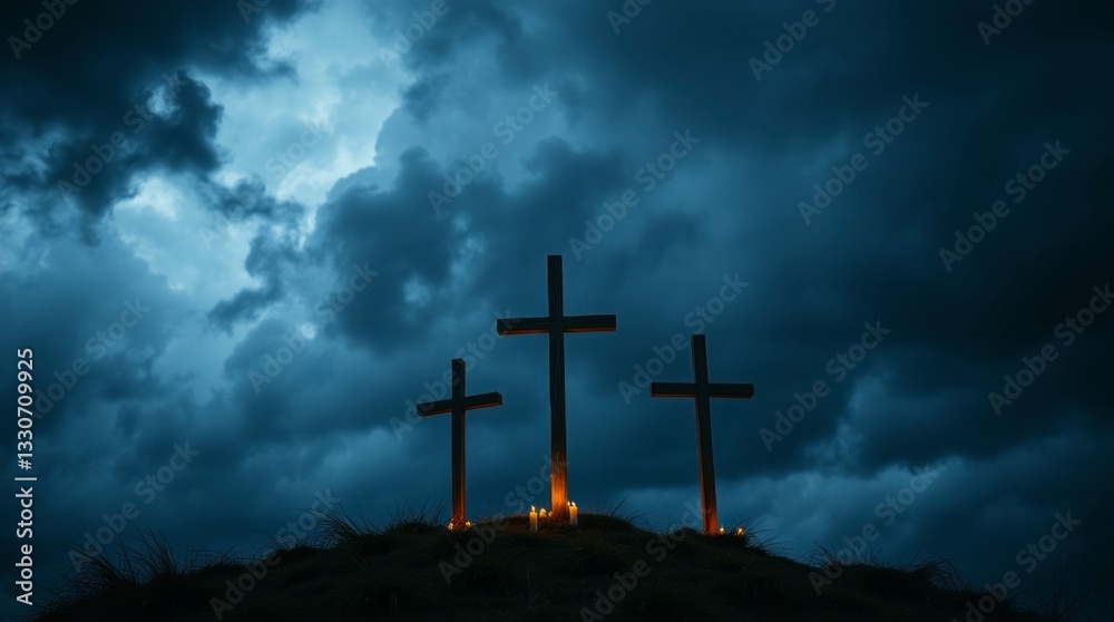 Fototapeta premium Three Crosses Silhouette Under Dramatic Sky