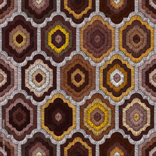Earthy hexagon stitch pattern. Seamless, handmade-inspired design with stitched hexagon shapes in earthy tones. Perfect for fabric, prints, & more.