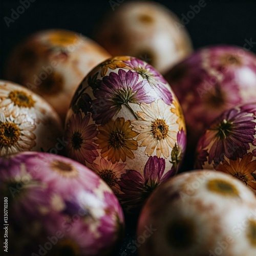 easter eggs with vividly dried flower pattern