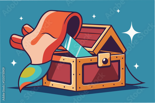 Treasure chest revealed with glowing gems and sparkling light in a colorful and whimsical illustration