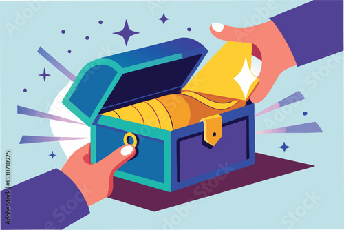 Treasure chest revealed with glowing gems and sparkling light in a colorful and whimsical illustration