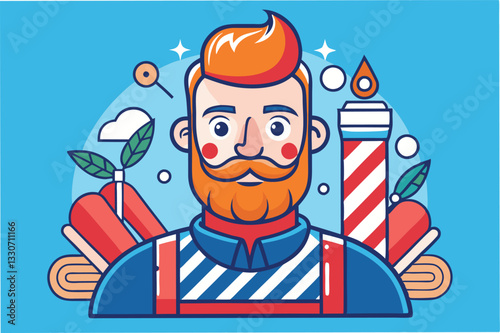 Illustration of a cheerful male character with colorful hair and facial hair surrounded by food items in a playful setting