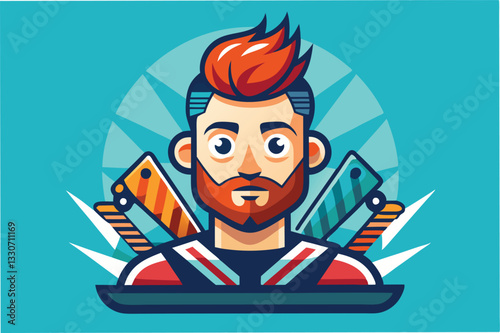 Illustration of a cheerful male character with colorful hair and facial hair surrounded by food items in a playful setting