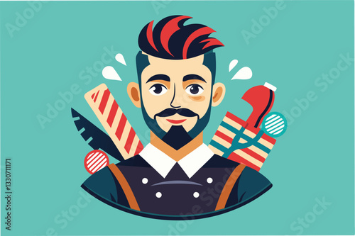 Illustration of a cheerful male character with colorful hair and facial hair surrounded by food items in a playful setting