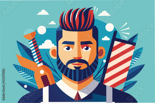 Illustration of a cheerful male character with colorful hair and facial hair surrounded by food items in a playful setting