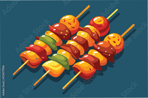Colorful and Delicious Skewers of Grilled Vegetables and Meats on Wooden Sticks Ready for a Summer Barbecue Gathering